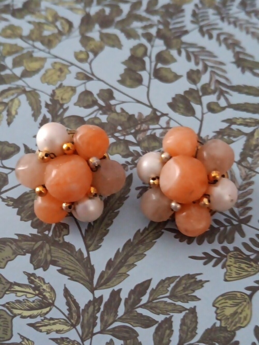 Vintage Cluster Faux Pearl and Coral Orange Bead Clip-On Earrings
